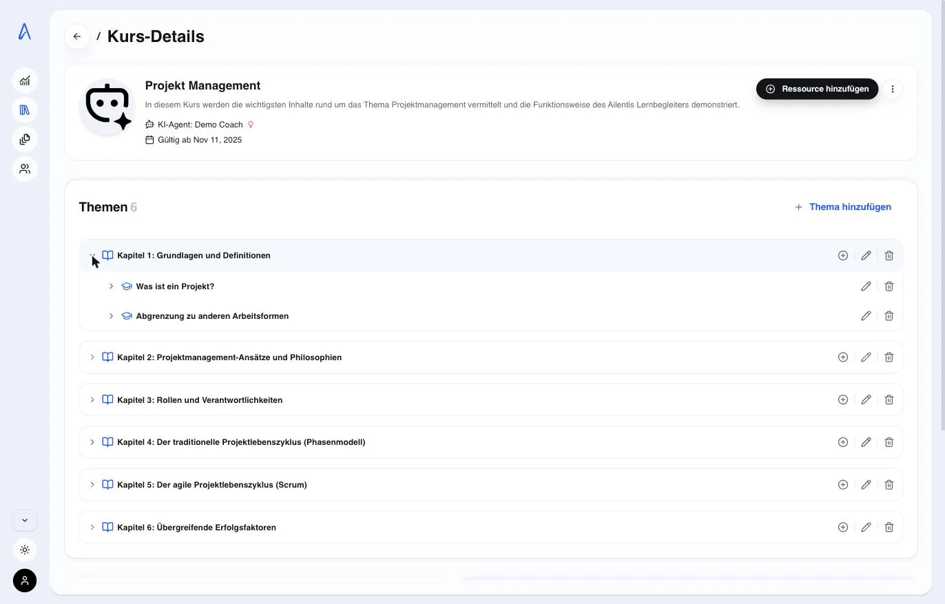 Autorentool: Kurs Projekt Management mit sechs Kapiteln und aufgeklapptem Themenbaum